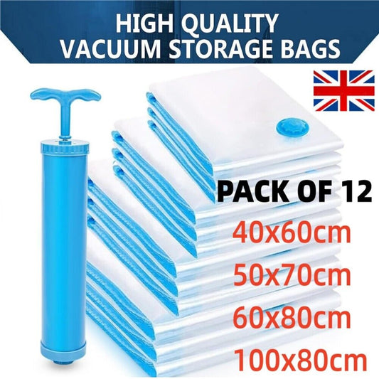 12‑Pack Premium Vacuum Storage Bags — Massive Space Saver for Clothes, Bedding & Travel